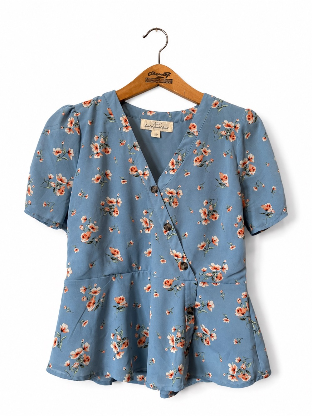 Blue Floral V-Neck Button Peplum Blouse